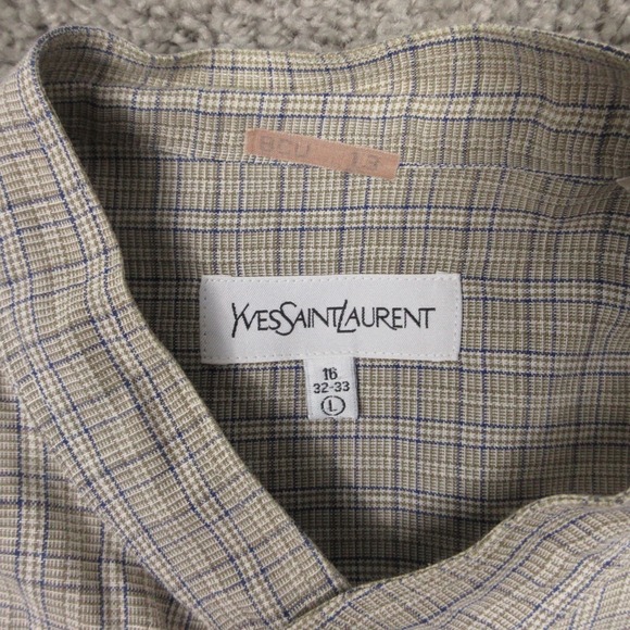 Yves Saint Laurent Shirt Mens Large Beige Plaid Band Collar Pockets Button Up - Picture 4 of 10
